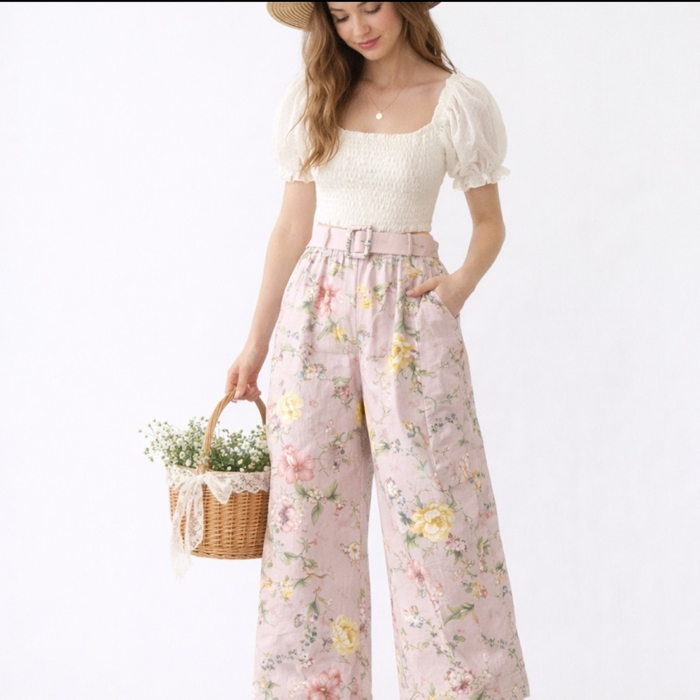 Laura Ashley Floral Linen Blend Wide Leg Pants Belted Small Pockets Feminine
